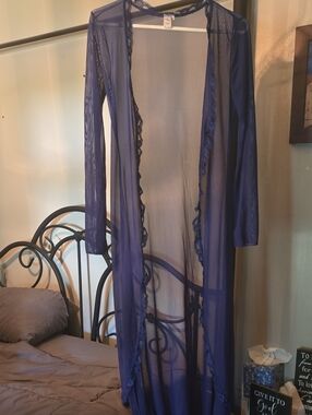 Sheer Lace-Trim Long Robe - Navy Blue S/M Women's